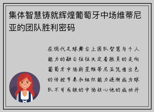集体智慧铸就辉煌葡萄牙中场维蒂尼亚的团队胜利密码 集体智慧铸就辉煌葡萄牙中场维蒂尼亚的团队胜利密码