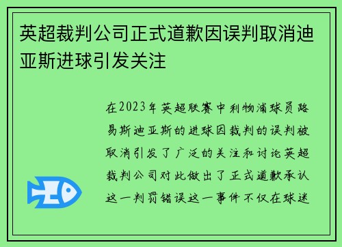 英超裁判公司正式道歉因误判取消迪亚斯进球引发关注 英超裁判公司正式道歉因误判取消迪亚斯进球引发关注